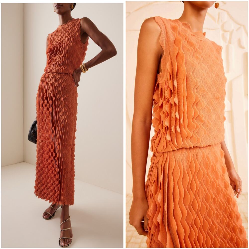 Ulla Johnson Kaelyn Ruffle Scallop Orange Knit Long Maxi Dress P / XS NWT - Picture 2 of 8
